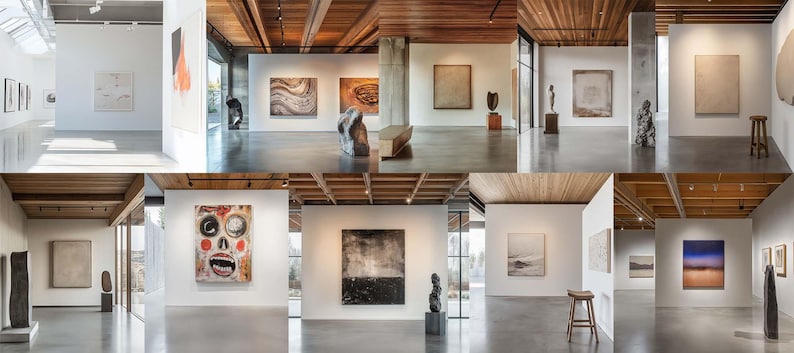 May include: A series of photographs showcasing an art gallery with various abstract paintings and sculptures. The gallery features white walls, concrete floors, and wooden ceilings, creating a modern and spacious atmosphere. The artwork includes both colorful and monochrome pieces.