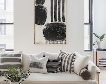 Black & White Stripes Wall Art Mockup, Adjustable Frame, Luxury Stylish High-end Interior Living Room, Customizable Photoshop PSD Template
