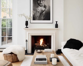 Fireplace Wall Art Mockup, PSD Template, Customizable Frame, Photoshop, Photopea, Canva, Luxury Stylish High-end Interior Living Rooms