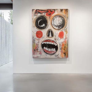 May include: Large abstract painting with a skull-like face. The artwork features large black and white eyes, red cheeks, and an open mouth with visible teeth. The background is a mix of colors, including red, orange, and white.