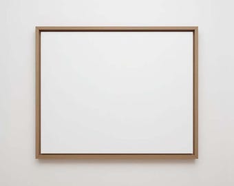 4x5 floating frame wall art mockup: Horizontal wood frame, adjustable color and brightness, PSD template, Photoshop, Photopea, Canva