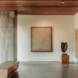 May include: An art gallery interior featuring a large framed abstract painting, a wooden bench, and a sculpture on a wooden pedestal. The ceiling is made of wood panels, and the floor is polished concrete.