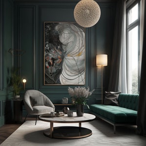 Puede incluir: Un interior de sala de estar con un sofá de terciopelo verde, un sillón gris, una mesa de café redonda con una tapa de mármol y una gran pintura abstracta en la pared. La habitación está decorada en un estilo moderno con paredes verde oscuro y acentos dorados.
