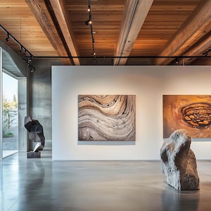 May include: An art gallery interior featuring abstract paintings and sculptures. The space has a polished concrete floor, white walls, and a wooden ceiling with track lighting. A large, textured stone sculpture is in the foreground.