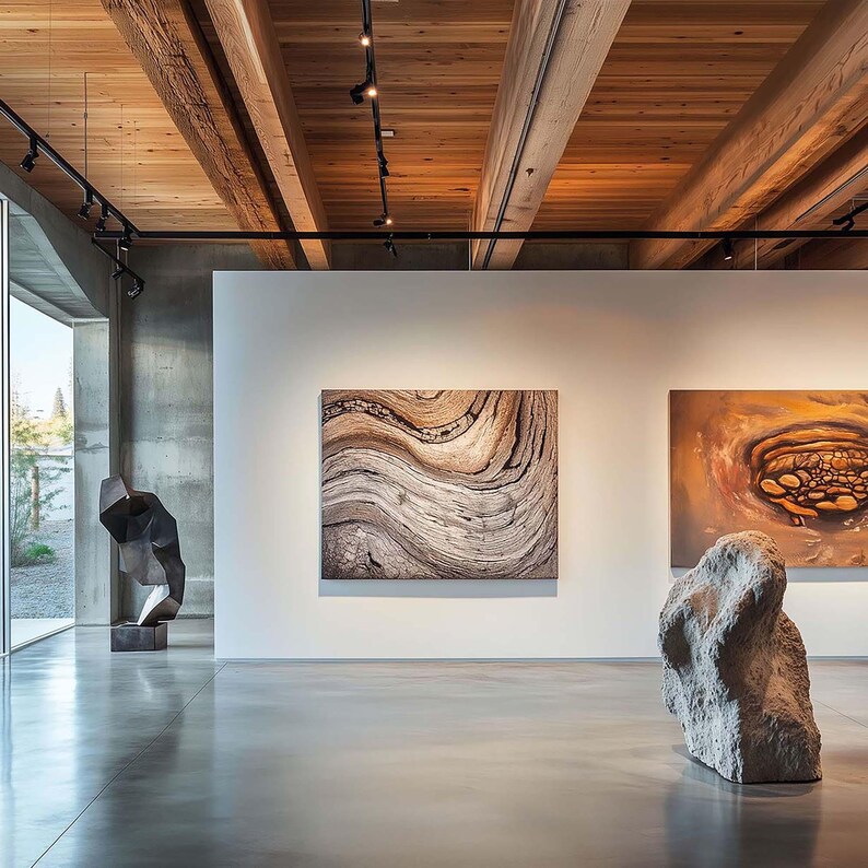 May include: An art gallery interior featuring abstract paintings and sculptures. The space has a polished concrete floor, white walls, and a wooden ceiling with track lighting. A large, textured stone sculpture is in the foreground.