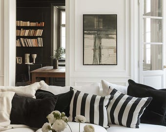 Black & White Stripes Wall Art Mockup, Adjustable Frame, Luxury Stylish High-end Interior Living Room, Customizable Photoshop PSD Template
