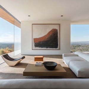 Peut inclure: Un salon moderne avec de grandes fenêtres donnant sur un panorama urbain. Un canapé blanc, un fauteuil en cuir marron et une table basse en bois avec un bol noir se trouvent dans la pièce. Une grande peinture abstraite aux teintes orange et noires est accrochée au mur.