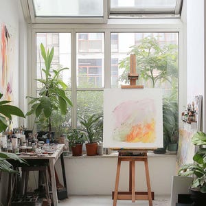 May include: An artist's studio bathed in natural light. A wooden easel holds a canvas with abstract brushstrokes in pink, orange, and yellow. Paint tubes and brushes are arranged on a wooden table. Potted plants add a touch of greenery, creating a creative and inspiring space.