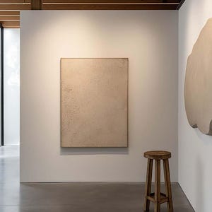 May include: An art gallery interior featuring a neutral-toned, textured rectangular artwork on a white wall. A small, round wooden stool with three legs sits on the polished concrete floor. The space is well-lit, with exposed wooden beams on the ceiling.