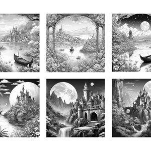 May include: Six black and white illustrations of fantasy castles with a moon in the sky. The castles are surrounded by water, mountains, and trees. Some of the castles have boats in the water.