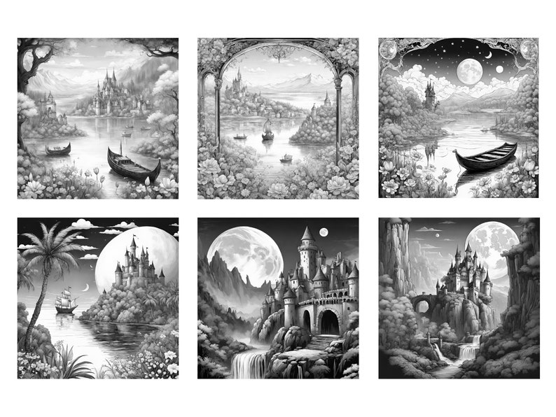 May include: Six black and white illustrations of fantasy castles with a moon in the sky. The castles are surrounded by water, mountains, and trees. Some of the castles have boats in the water.