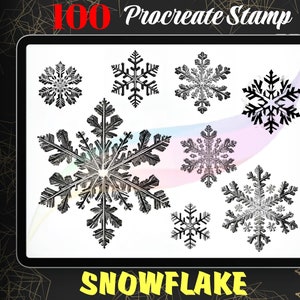 May include: A digital tablet screen displaying 100 Procreate Stamp Snowflake designs. The designs are black and white and feature various snowflake shapes.