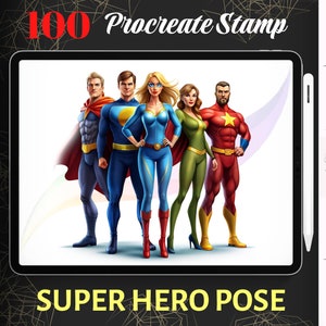 Carimbo para Procreate com 100 poses de super-heróis, carimbos de super-homem para Procreate, conjunto de pincéis de super-garota, download digital instantâneo.