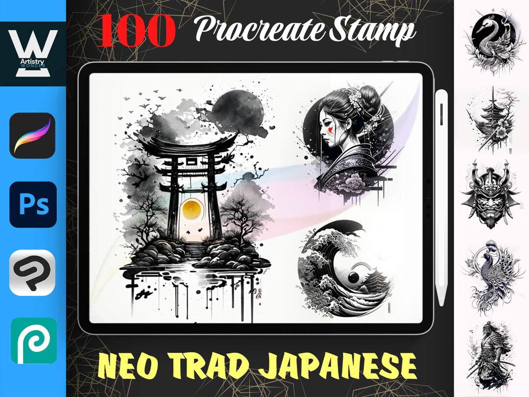 100 Traditional Japanese Procreate Stamps| Asian Tattoo Brush Set ...