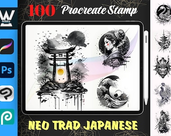 May include: A digital illustration of 100 Procreate stamps featuring a neo trad Japanese theme. The stamps include images of a traditional Japanese gate, a woman with a traditional hairstyle, a wave with a yin yang symbol, a samurai, a phoenix, and a crane.