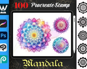 May include: A digital tablet screen displaying a set of 100 Procreate stamps featuring colourful mandala designs. The text "100 Procreate Stamp Mandala" is displayed on the screen. The tablet is surrounded by a black background with gold accents.