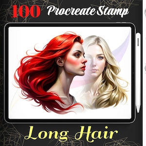 100種類の女性のロングヘアProcreateスタンプ、Procreate用女性のヘアスタイルブラシ、ロングヘアの女の子用ブラシセット、インスタントデジタル、ダウンロード