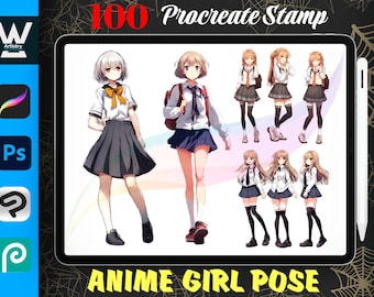 100 Procreate Anime Körper Pose Briefmarken | Weibliches Manga Pinsel Set| Digitaler Download