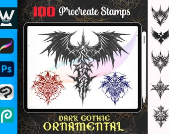 100 Dark Gothic Ornamental Briefmarken, Dark Ornamental Brush für Procreate, Tattoo Stamps Bundle, sofortiger digitaler Download