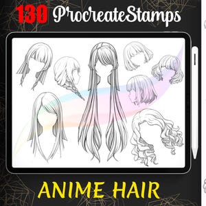 130 アニメ ヘア Procreate スタンプ、Procreate 用女性ヘア スタイル ブラシ、ロング ヘア マンガ ガール ブラシ セット、Drawwing 用アニメ ガイド
