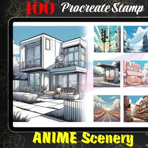 100 anime-landschapsstempels, animescape-stempel voor procreate ipad, mangalandschappenseelset, instant digitale download