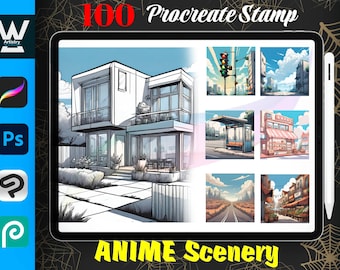 100 francobolli Procreate di scenari Anime, francobolli Animescape per Procreate Ipad, set di pennelli paesaggistici Manga, download digitale istantaneo