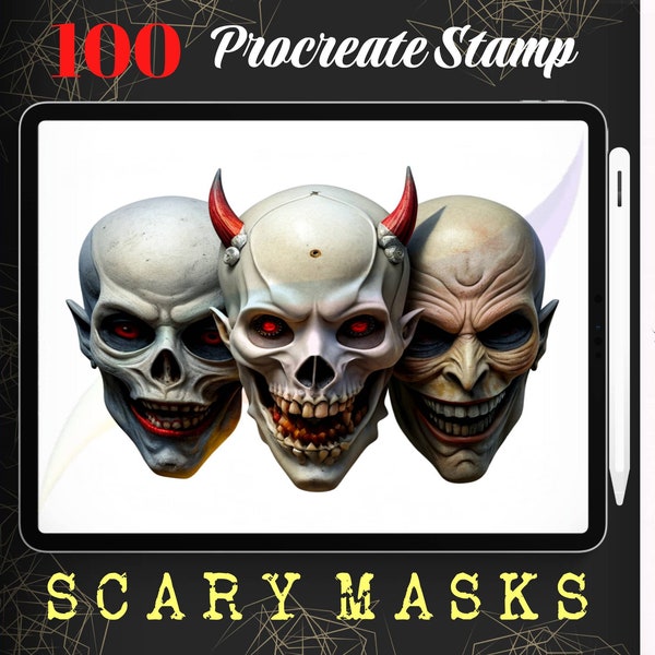 100 Scary Mask Procreate Stamp, Horror Mask Stamp for Procreate Ipad, Scary Face Brush set, Instant Digital Download