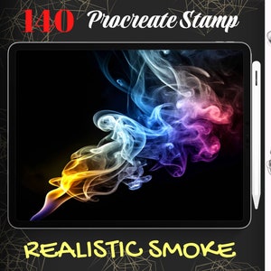 May include: A digital illustration of realistic smoke in various colors, including blue, purple, yellow, and orange. The smoke is swirling and flowing, creating a dynamic and abstract design. The image is displayed on a tablet screen with the text "140 Procreate Stamp" and "REALISTIC SMOKE" visible.