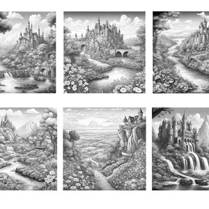 May include: A black and white illustration of a fairytale castle with a river flowing through the landscape. The castle is surrounded by trees and mountains.