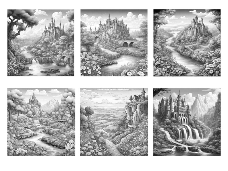 May include: A black and white illustration of a fairytale castle with a river flowing through the landscape. The castle is surrounded by trees and mountains.