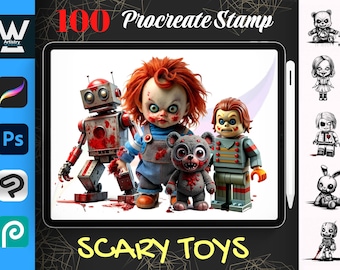 100 Horror Toys Procreate Stamps| Scary Doll Brush Set| Digital Download