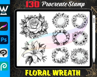 130 Procreate Floral Wreath Stamps, Flower wreath stamps for procreate, instant digitaldownload, Flower Stamp Set, Illustration Drawing Pack