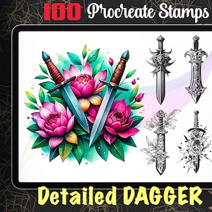 May include: Digital art set of 100 Procreate stamps featuring detailed dagger designs. The image includes a tablet displaying various dagger illustrations, including a watercolor-style design with pink flowers and green leaves. Text reads "Detailed Dagger".