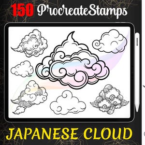May include: A digital illustration of 150 Japanese cloud stamps for Procreate. The image shows a variety of cloud shapes, including simple and intricate designs.
