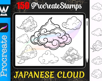 May include: A digital illustration of 150 Japanese cloud stamps for Procreate. The image shows a variety of cloud shapes, including simple and intricate designs.