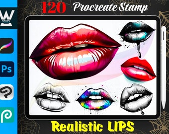 May include: A digital illustration of 120 Procreate stamps featuring realistic lips in various styles and colors. The lips are drawn in a variety of poses, including open, closed, and pouting. The stamps are perfect for adding a touch of realism to your digital art.