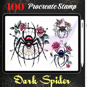 May include: A digital illustration of 100 Procreate stamps featuring dark spiders with red and blue accents. The spiders are surrounded by black webs and red and pink roses. The text "Dark Spider" is written in black at the bottom of the image.