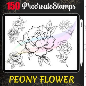 150 Peony Procreate Brush Set, Peony Flowers Stamp Brushes, Digital Art Stencil, Procreate Brushes Tattoo Reference.
