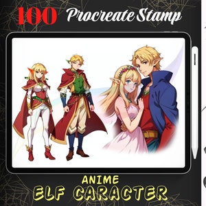 Puede incluir: Una ilustración digital de 100 sellos de Procreate con personajes de elfos de anime. Los personajes están dibujados en un estilo colorido con detalles precisos. El texto "Anime Elf Character" se muestra en la parte inferior de la imagen.