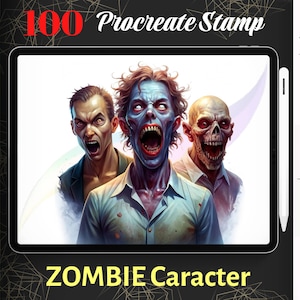 Może przedstawiać: Cyfrowa ilustracja trzech postaci zombie. Postacie są w cyfrowym stylu artystycznym i znajdują się w różnych pozach. Obraz znajduje się na ekranie tabletu cyfrowego. Tekst "100 Procreate Stamp" i "ZOMBIE Caracter" znajduje się na ekranie.