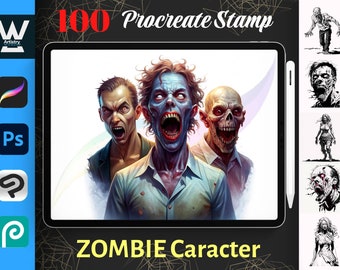 100 sellos de zombis para Procreate/Juego de pinceles de personajes de terror/Descarga digital