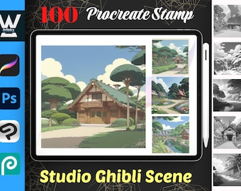 100 Ghibli Anime Scene Procreate Stamps| Landscape Scenery| Digital Download