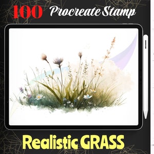 Op de afbeelding: Een digitale illustratie van 100 realistische grasstempels voor Procreate. De afbeelding toont een verscheidenheid aan grassoorten, waaronder bladeren, stengels en bloemen. De stempels zijn perfect om een ​​natuurlijke toets aan je digitale kunst toe te voegen.