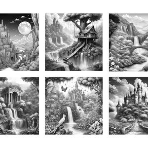 May include: Six black and white illustrations of fantasy landscapes with castles, waterfalls, and trees. The illustrations are in a whimsical style and feature a variety of details, such as bridges, paths, and flowers.