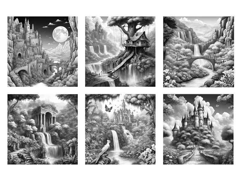 May include: Six black and white illustrations of fantasy landscapes with castles, waterfalls, and trees. The illustrations are in a whimsical style and feature a variety of details, such as bridges, paths, and flowers.