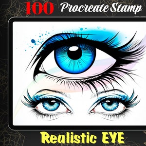 Könnte beinhalten: Eine digitale Illustration eines realistischen Auges mit blauer Iris und schwarzen Wimpern. Das Auge ist auf einem weißen Hintergrund gezeichnet, wobei ein digitaler Tablet-Bildschirm an den Rändern sichtbar ist. Der Text "100 Procreate Stamp Realistic EYE" ist oben und unten im Bild sichtbar.