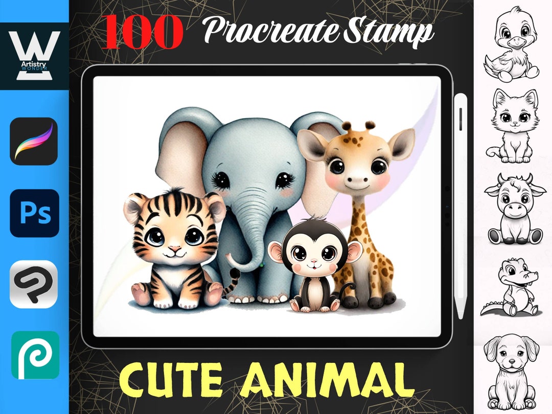 100 Cute Animal Procreate Stamps, Kawaii Brush Set (digital Download ...