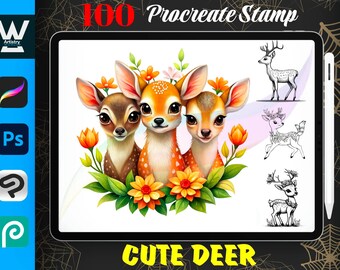 100 Cute Deer Procreate Stamps, Animal Brush Set (Digital Download)