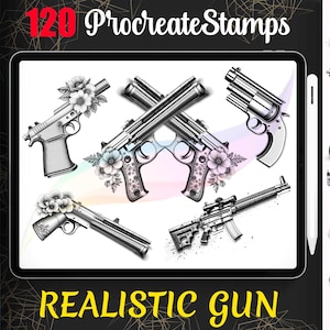 Op de afbeelding: Digitale kunstset van 120 Procreate-stempels met realistische wapenontwerpen. De afbeelding toont verschillende wapenillustraties, waaronder pistolen en geweren, met bloemaccenten. De tekst "REALISTIC GUN" wordt onderaan weergegeven.