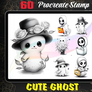May include: A digital illustration of 60 cute ghost stamps for Procreate. The ghosts are drawn in a cartoon style with different expressions and accessories. The text "60 Procreate Stamp" and "Cute Ghost" are included in the image.